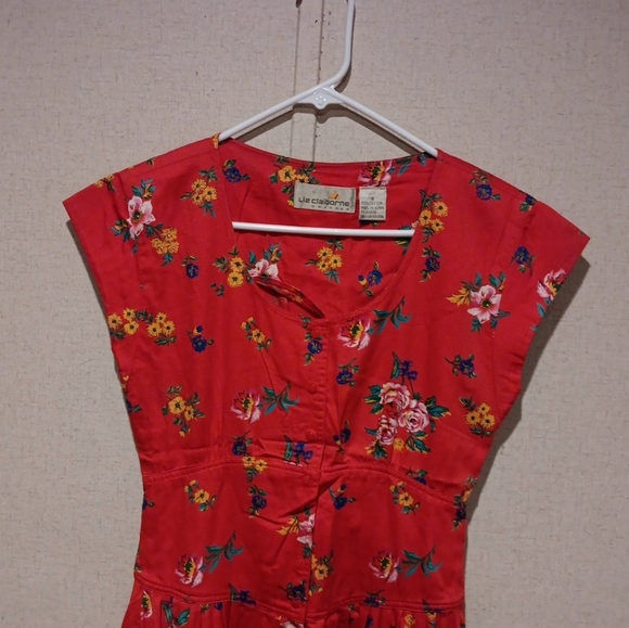 Vintage 90s Liz Claiborne Size 4 Dress Floral Midi Red Floral Cap Sleeve Cotton - Picture 2 of 4